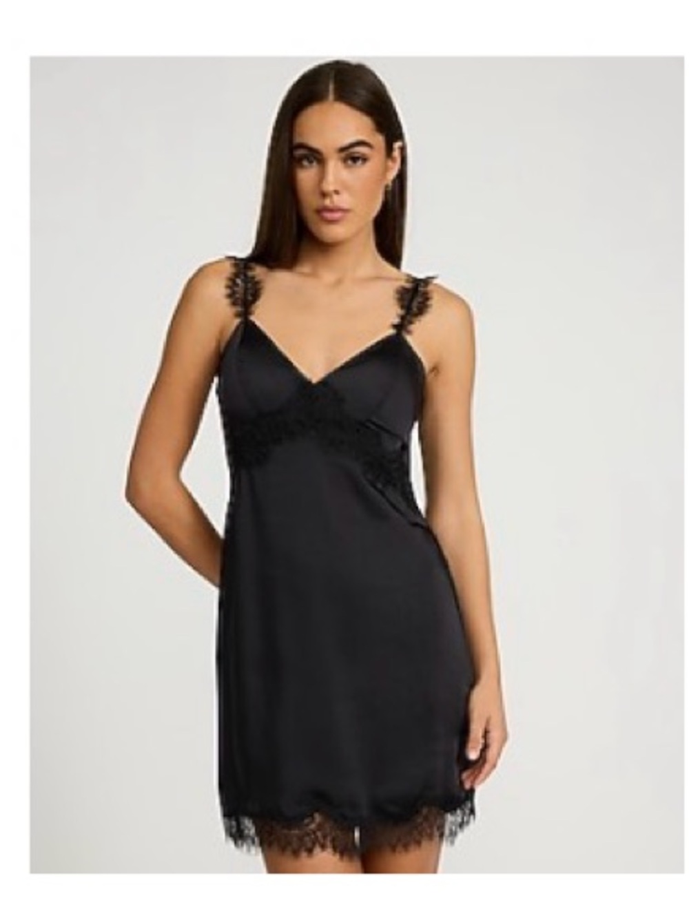 Express Black Satin Lace-Trim Slip Dress